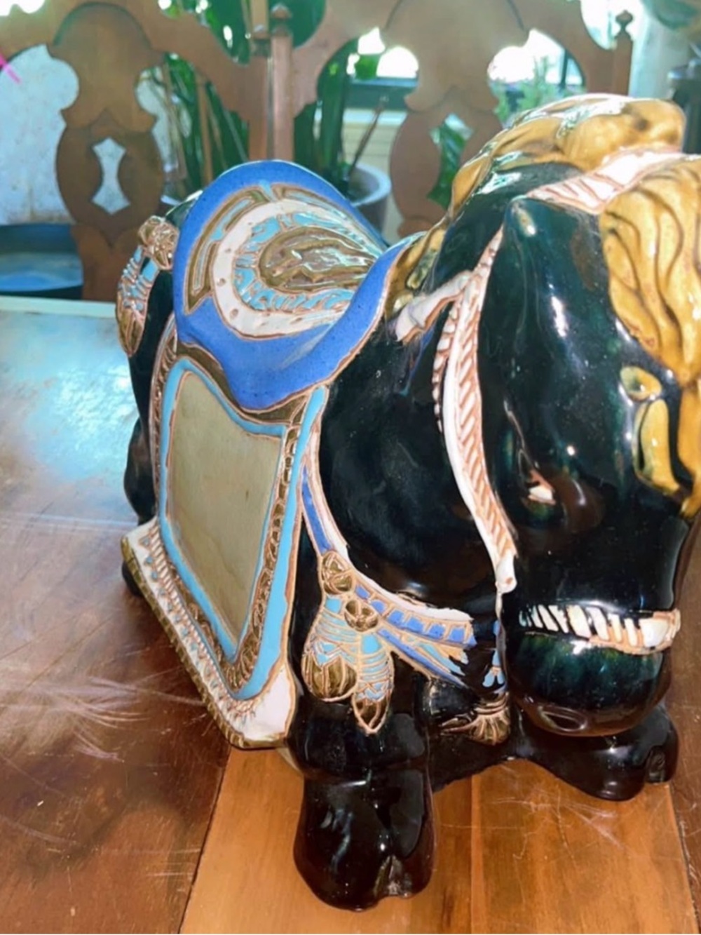 VTG Ceramic Decorative horse-garden stool statue with Blue Saddle